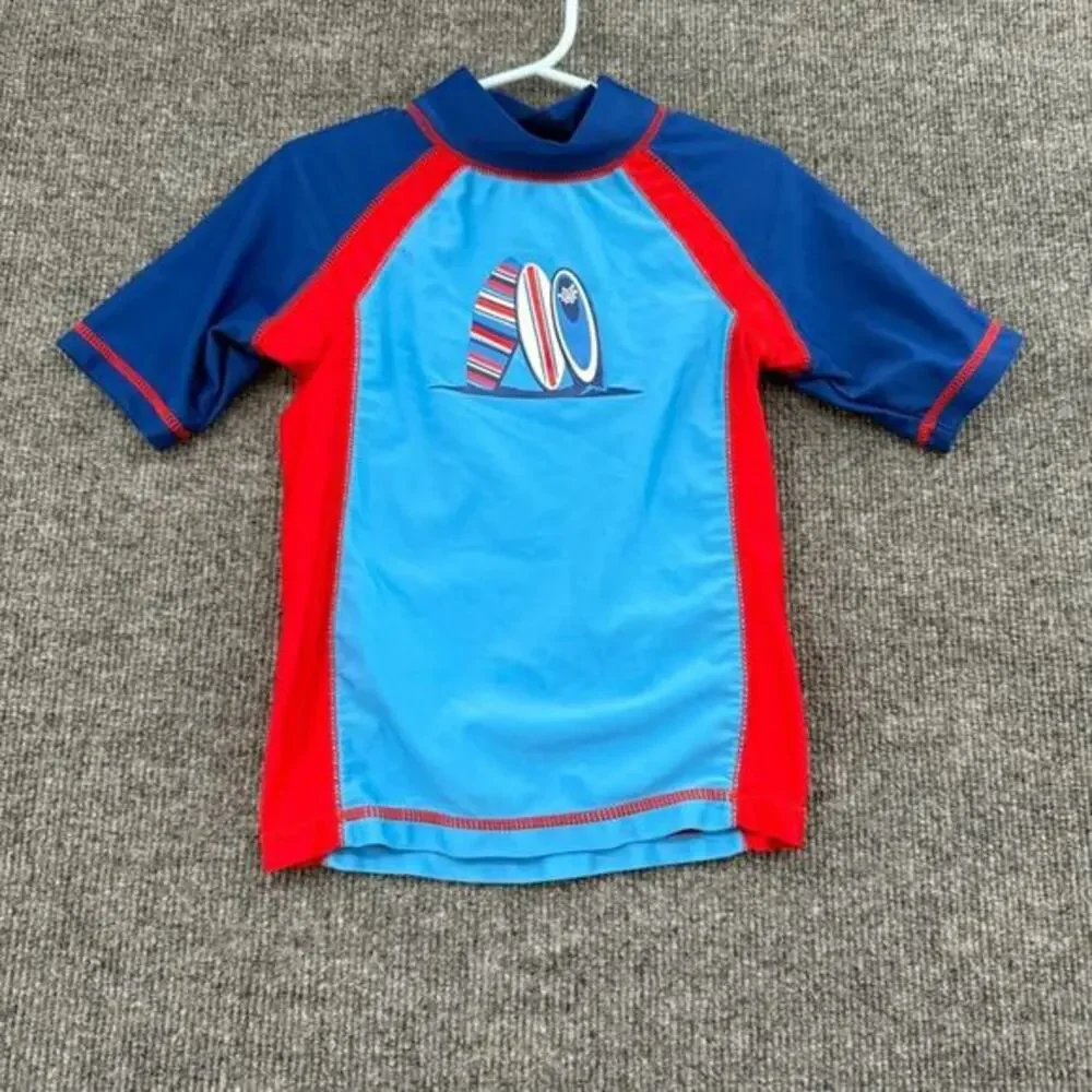 UV Skinz Rash Guard Swim Shirt Boys Size 5 Blue Red Short Sleeve Sun Protection
